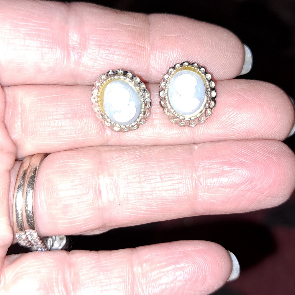 Vintage Gold and White Cameo Earrings